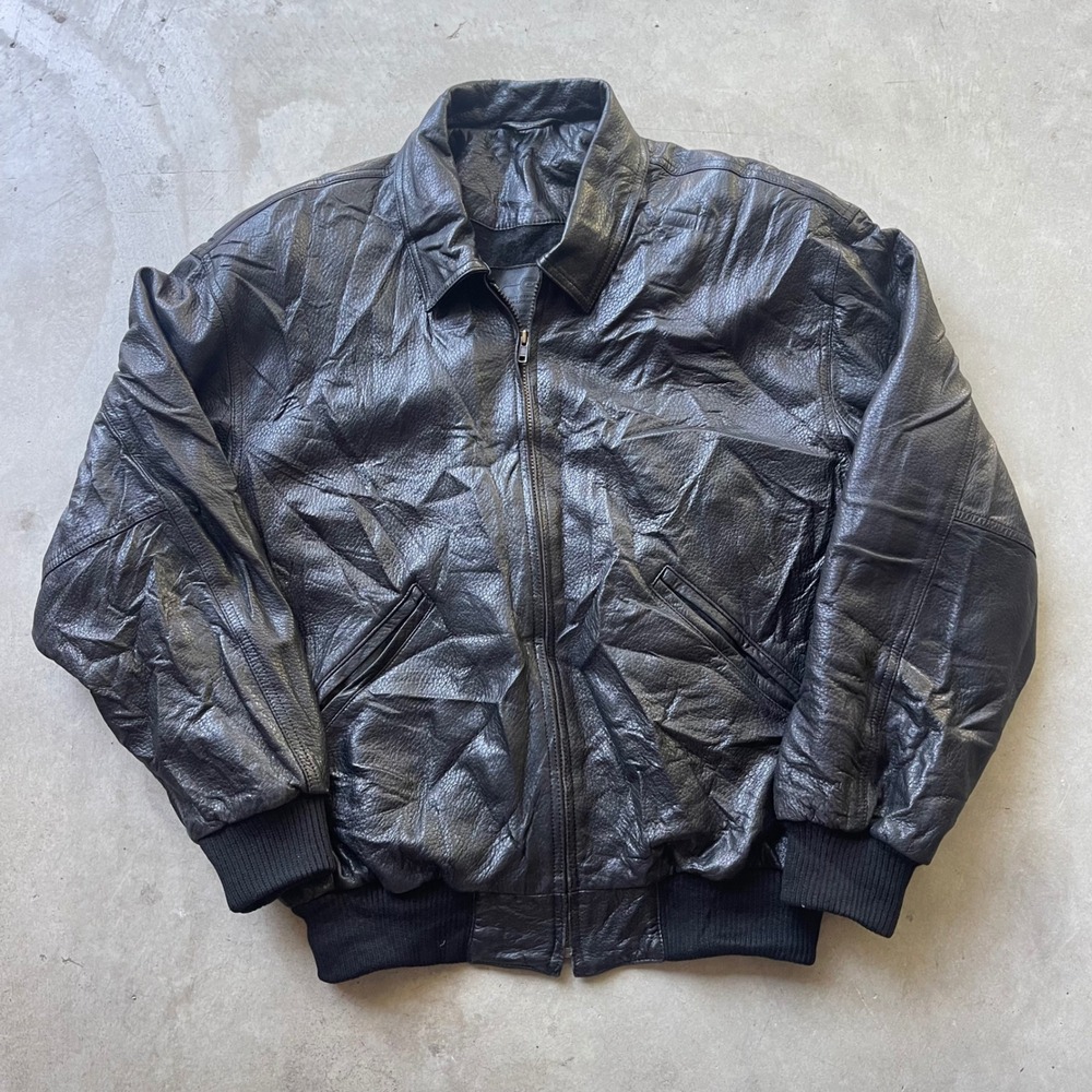 Vintage 90s Coach Mens Black Full Grain Leather Bomber Jacket Large Wool